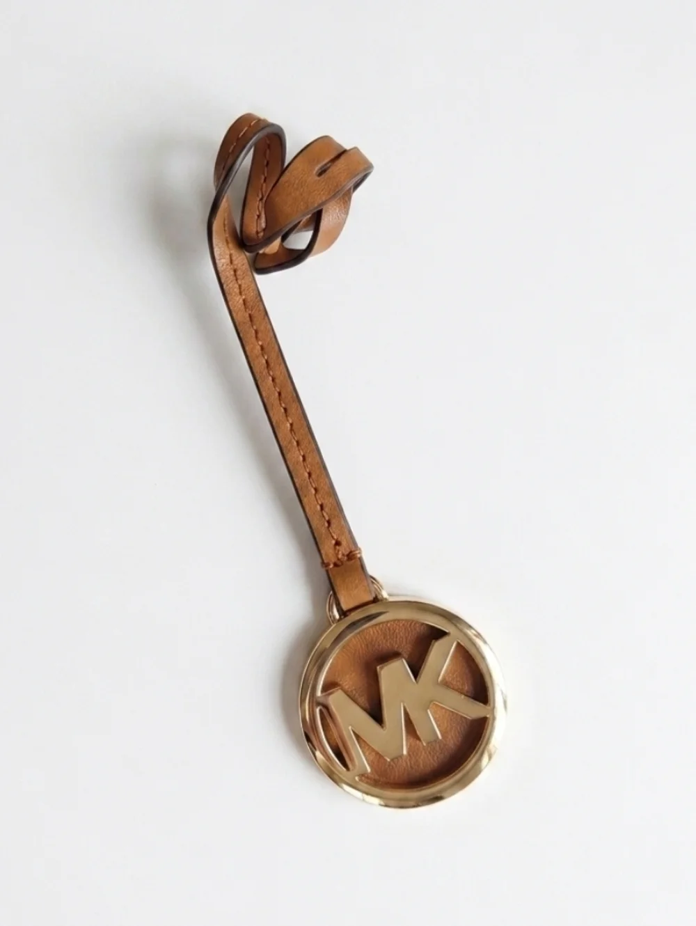 Michael Kors Brown Leather MK Logo Key Bag Charm with Gold Hardware